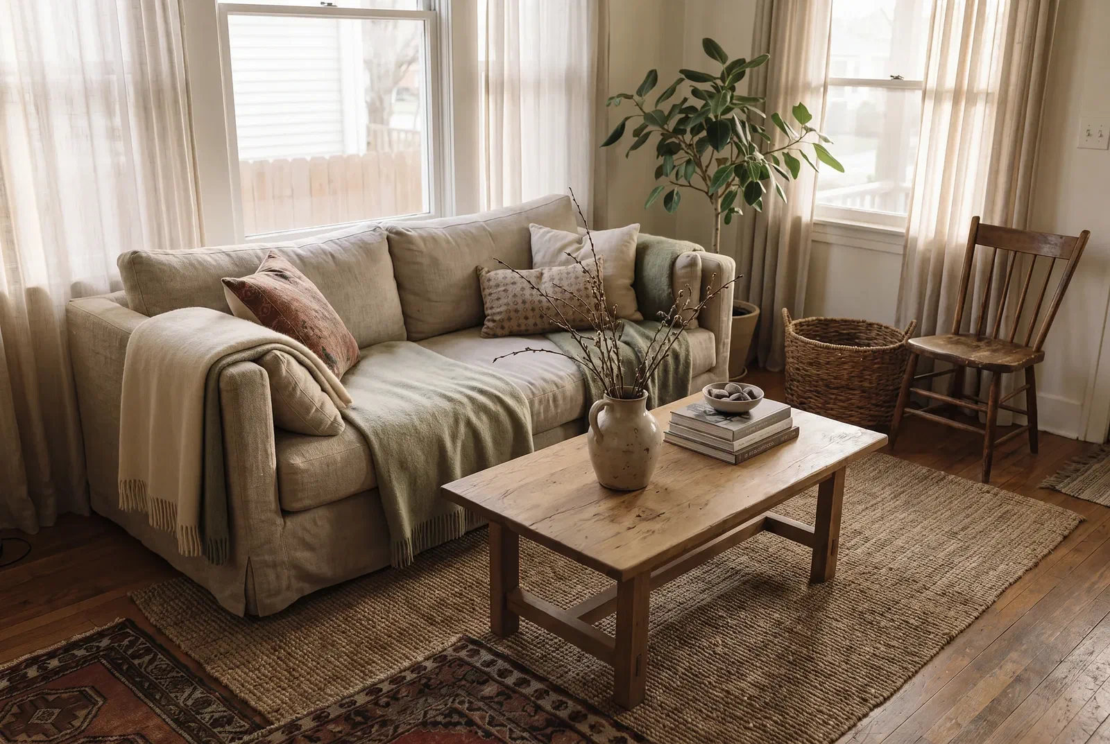 Sunlit neutral living room with botanical prints, layered textiles, and natural wood accents
